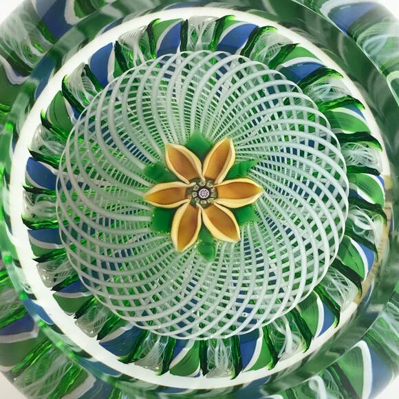 Perthshire 1981F Yellow Lampwork Flower Crown Latticinio Twist Facet Paperweight - Picture 5 of 14